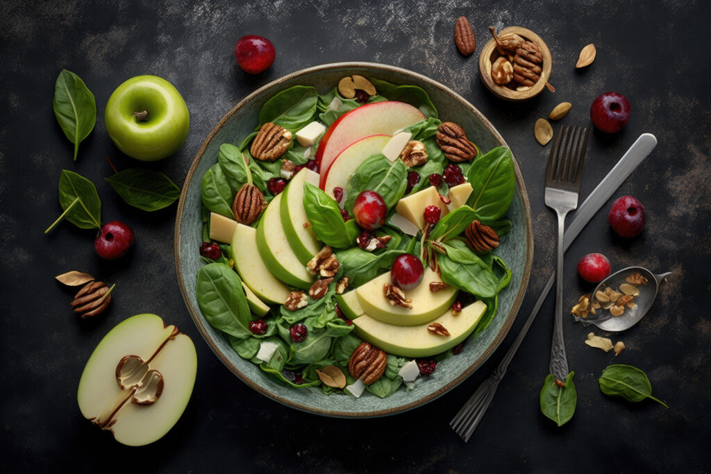 fruit salad with red apples, avocado, spinach illustration ai generative