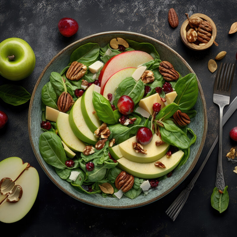 fruit salad with red apples, avocado, spinach illustration ai generative
